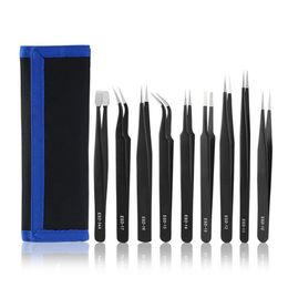 9 Piece Set Of Anti-static Tweezers Hand Tools 1.5mm Stainless Steel Anti-static Pointed Straight Elbow Canvas Bag