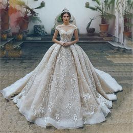 Champagne Luxury Said Mhamad Bridal Gowns With Lace Applique Off Shoulder Tiered Ruffle Wedding Gowns Back Zipper Wedding Gowns
