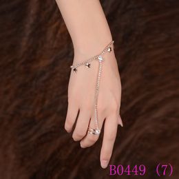 3pcs Fashion Crystal Rhinestone Hand Harness Bracelet Chain Link Finger Ring Rose Gold Colour Star and rhombus Jewellery Set B0449