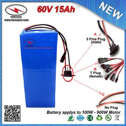 FREE SHIPPING 900W 60V 15Ah Lihium ion battery pack for 60V Electric Bike with PVC case 2.2Ah 18650 cell 15A BMS and 2A Charger
