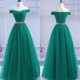 2019 Modest Prom Dresses Long Formal Dress Green Tulle Off the Shoulder Crystals Lace-up Corest Back Floor Length Evening Gowns Formal Dress