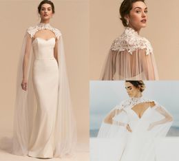 BHLDN Cape For Beach Wedding Applique High Neck Long Lace Tulle 3M Length Custom Made White Ivory Wedding Shawl For Bridal Cheap Wraps