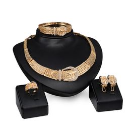 Dubai 18K Gold Pendant Buckle Necklace Sets Fashion African Diamond Wedding Bridal Jewellery Sets (Necklace + Bracelet + Earrings +Ring)