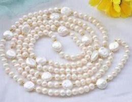 free shipping Long beautiful 7-8 south sea white pearl coin necklace 48 inch
