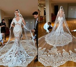 Gorgeous Lace Mermaid Wedding Dresses V Neck Appliques Court Train Illusion Beach Bridal Gowns Boho Fishtail Country Wedding Dress