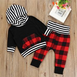 2018 Spring Autumn Toddler Boy Clothes Girls Clothing Set Striped Plaid Pocket Hoodie Tops +Pants Boys Outfits Set Children Kids Clothes