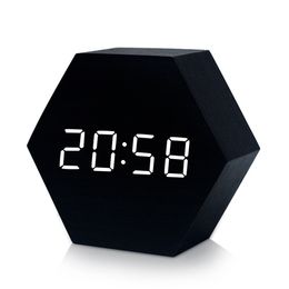 Creative LED wooden hexagonal clock, intelligent voice-activated alarm clock for bedroom office home desk-- White light