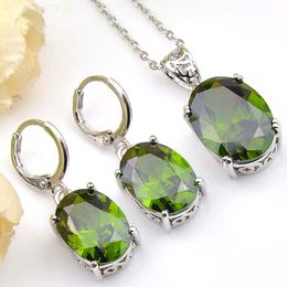Fashion Hot Sale 6 Sets/Lot Oval Crystal Olive green Cubic Zirconia Gems 925 Silver Pendants Necklace Earring Weddings Jewelry Sets