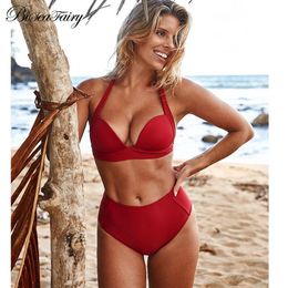 BISEAFAIRY 2018 High Waist Bikinis Women Swimwear Swimsuit Plus Size Swimwear Push Up Crop Top High Neck Bikini Set Bathing Suit