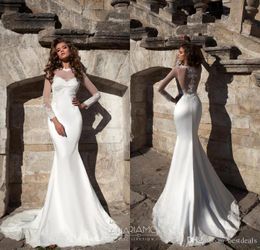 Vestidos De Noivia Sheer Long Sleeve Mermaid Wedding Dresses 2018 Appliqued Lace Summer Beach Bridal Gowns for Weddings BA9887
