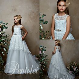 Cute Flower Girl Dresses A Line Jewel Neck Sweep Train Sleeveless Lace Girls Pageant Dress With Belt Crystal Pearls Kids Wedding Gowns