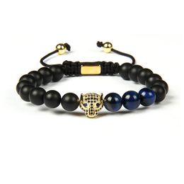 Men Panther Bracelets Blue Cz Leopard Head Macrame European American Weaving Bracelet 8mm Natural Tiger Eye & Agate Stone Beads