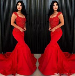 Elegant New Red Prom Cap Sleeves Satin Mermaid Long Lace Applique Beaded Party Gowns Plus Size Evening Dresses