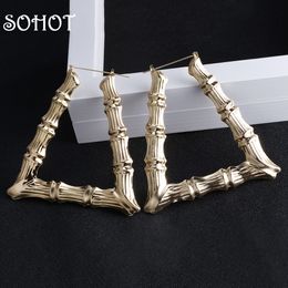 SOHOT New Ethnic Style Geometric Hoop Earrings Gold Silver Colour Alloy Tone Bamboo Punk Women Big Hollow Creole Women Bijoux