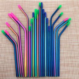 10pcs Rainbow Reusable Metal Drinking Straws Silicone Tips Stainless Steel Straight Bent With Cleaner Brush Bar Party Accessory