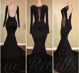 2019 Sexy Open Back Prom Dress Black Sheer Long Sleeves Formal Pageant Holidays Wear Graduation Evening Party Gown Custom Made Plus Size