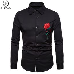 Shirts Rose Flower Embroidery Shirt Men Gentleman Mens Dress Shirt Slim Fit Button Down Party Wedding Dinner Chemise Homme