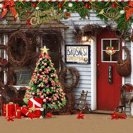 Merry Xmas Party Photo Booth Backdrop Printed Garland Decorated Christmas Tree Present Boxes Red Door Bar Photography Background