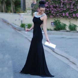 Sexy Backless Black Evening Dresses Fitted Sheath Column Scoop neck Open Back Luxury Crystals Long Formal Prom Party Gowns Custom Made