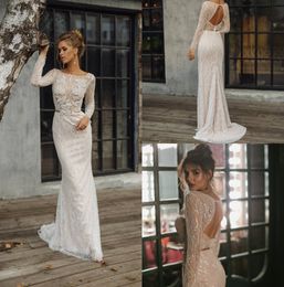 Vintage Boho Mermaid Dresses Bateau Neck Backless Lace Bridal Gowns Sweep Train Long Sleeve Sequined Wedding Dress Plus Size