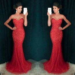 Gorgeous Red Beads Crystal Mermaid Evening Dresses Tulle Prom Dress Long Formal Party Dress Pageant Gowns Celebrity Special Occasion