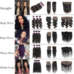 10A grade human hair straight body deep water wave kinky curly bundles with lace closure frontal brazilian virgin Weave Weft Extensions Wet