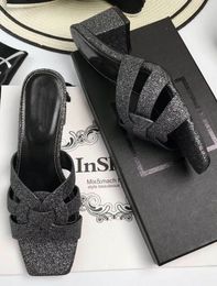 Women Bling Leather Slippers Designer Shoes Woman Sandals Slides Female tribute Heels