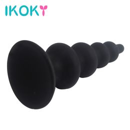 IKOKY Silicone Long Anal Sex Toys Tower shape Black Sex Products Gay Anal beads Prostate Massager Butt Plugs For Men and Women S924