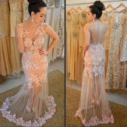 2019 New Sheer Tulle Evening Dresses Nude Fashion Sheath Tulle Gowns with Ivory Lace Appliques Sexy Back Prom Gowns Free Shipping