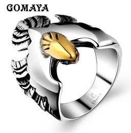 GOMAYA Mens Golden Eagle Personality Ring Hip hop Biker Animal Fashion Jewelry 316L Stainless Steel Bague