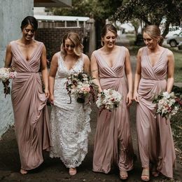 Rose Pink Satin Long Bridesmaid Dresses V Neck Sleeveless Floor Length Backless Wedding Guest Dresses Elegant Maid Of Honour