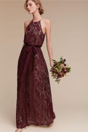 Full Lace Burgundy Blush Pink Sheath Bridesmaid Dresses Halter Neck Sleeveless Floor Length Maid Of Honour Prom Gowns Wedding Guest Dresses