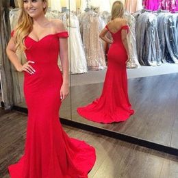 2019 Elegant Mermaid Prom Dress Long Formal Simple Evening Party Gowns Off the Shoulder Open Back Red Fuchsia Dresses with Sweep Train