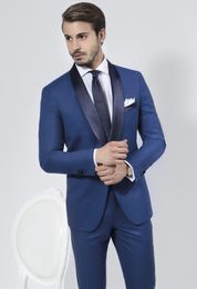 Fashion Blue Men Wedding Tuxedos High Quality Groom Tuxedos Shawl Lapel One Button Men Blazer 2 Piece Suit(Jacket+Pants+Tie) 2045