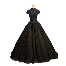 Real Photo Black Ball Gown Evening Dresses Long High Neck Short Sleeve Beading Appliques Tulle Evening Gowns Vestido De Festa Robe De Soiree