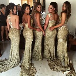 Sparkly Bling Gold Sequined Mermaid Bridesmaid Dresses Backless Slit Plus Size Maid Of The Honour Gowns Wedding Dress259V