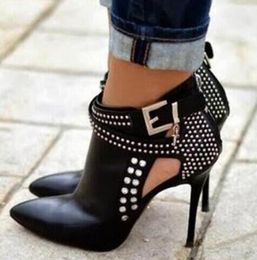 2018 Top Selling Women Dress Shoes Black Leather Pointed Toe Crystal Ankle Boots High Heel Cut-out Gladiator Sandals Boots Big Size