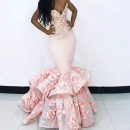 Saudi Arabia Floral V-Neck Prom Dress Sexy Backless Appliques Tiered Train Party Dress Stylish Black Girl African Mermaid Evening Dresses