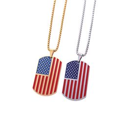 Stars and Stripes Dog Tag Rectangle Pendant Necklace Stainless Steel American Flag USA Patriot Jewlery Necklace with Box Chain 23.62"