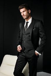 Latest Design One Button Black Groom Tuxedos Peak Lapel Groomsmen Best Man Mens Wedding Suits (Jacket+Pants+Vest+Tie) D:295