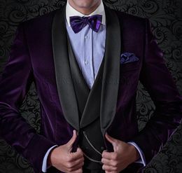 Cool One Button Purple Velveteen Groomsmen Shawl Lapel Groom Tuxedos Men Suits Wedding/Prom/Dinner Best Man Blazer(Jacket+Pants+Tie+Vest)