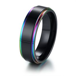 Free Engraving 6mm Rainbow IP Stepped Edges Black Wedding Band Rings in Stainless Steel