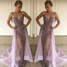Luxurious Sheath Beads Evening Dresses Sweetheart Crystal Overskirt Custom Saudi Arabia Long Party Prom Dresses Pageant Gown Robe De Soiree