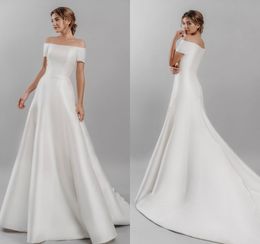 Fashion Satin Wedding Dresses Off The Shoulder Short Sleeves Autumn Sweep Train A Line Country Garden Bridal Gowns Plus Size Wedding Dress