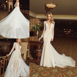 long sleeve wedding dresses deep v neck appliques mermaid tulle designer wedding dress with detachable train bridal gowns