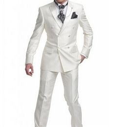 Brand New White 2 Piece Suit Men Wedding Tuxdos High Quality Groom Tuxedos Double-Breasted Side Vent Best Men Blazer(Jacket+Pants+Tie) 1309