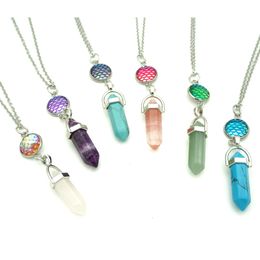 Mermaid Scales Drusy Fish Scale Necklace Druzy Crystal Hexagonal Prism Natural Stone Pendant Stainless Steel Chain Jewellery