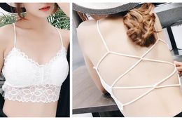 New design women's summer sexy spaghetti strap padded back cross bandage hollow out lace floral crop top bustier short vest camisole