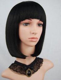 Women Natural Short Straight Bangs Heat Resistant Hair Synthetic Black Wigs