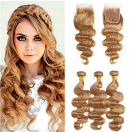 Brazilian Virgin Human Hair Products Honey Blonde Color 27 Body Wave Human Hair Weave Extension 3 Bundles with Lace Closure